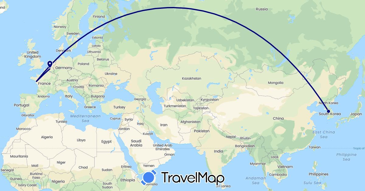TravelMap itinerary: driving in Belgium, France, South Korea (Asia, Europe)